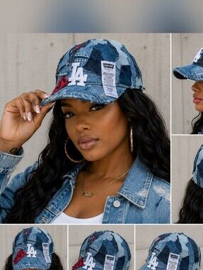 Upcyled Levi's Inspired Patchwork Denim LA Baseball Cap - Blue, White, Red